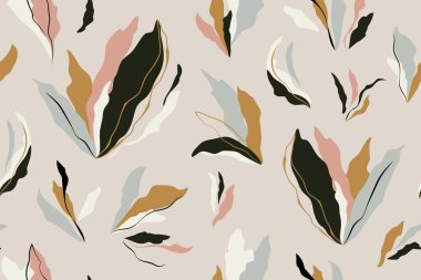 Yaratıcı botanik yapraklar elle çizilmiş soyut, pürüzsüz desen. Çağdaş kolaj sanat geçmişi. Doğal pastel renkler. Tekstil, duvar kağıdı, şablon ve kapak için moda tasarımı.