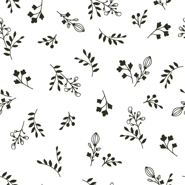 Bitkilerin ve çiçeklerin karalama tarzında kusursuz desenleri. Beyaz arka planda siyah mürekkepli botanik elementleri. Kumaş, duvar kağıdı, şablon, kapak tasarımı