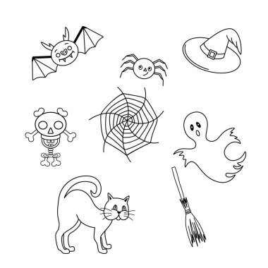 Cadılar Bayramı karakterleri çok tatlıymış. Hayalet, örümcek, kedi, şapka, süpürge, kafatası, yarasa. Azizler Günü boyama kitabı. Vektör illüstrasyonu beyaz arkaplanda izole edildi.