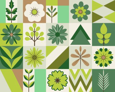 Bitkiler ve çiçeklerle karelerin kusursuz geometrik modern arka planı. Bauhaus tarzı. Düz minimalist tarzda soyut doğa öğeleri, çiçekler üst görünüm.