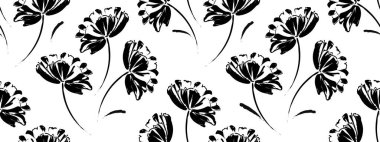 Modern çiçek arkaplanından elle çizilmiş kusursuz kolaj. Soyut çiçeklerin botanik deseni ve siyah siluet ve felçlerin yaprakları. Duvar kağıdı, yaz kumaşı, çarşaf, tekstil baskısı