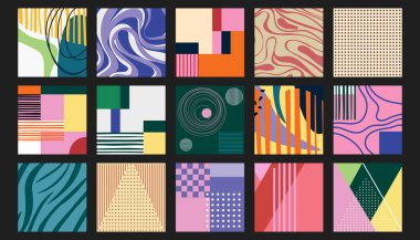 Basit geometrik şekilli dokulu arka planların, dalgalı çizgilerin toplamı. Parlak renkli kolajlar. Kartlar, posterler, kapaklar, pankartlar veya markalar için minimal modacı vektör grafik unsurları.