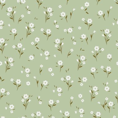 Yeşil zeytin zemininde, sade beyaz çiçekler ve buketlerin kusursuz deseni. Pamuk kumaş, duvar kağıdı, ev yapımı tekstil için moda tasarımı.