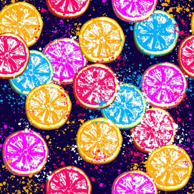 Soyut limon dilimlerinin kusursuz deseni, koyu mavi arkaplan, çok renkli neon renkler. Modern parlak moda baskı