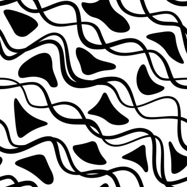 Dalgalı çizgilerin ve şekillerin kusursuz çizimleri. Beyaz arkaplanda minimalist karalama tarzında tek renkli vektör baskısı.