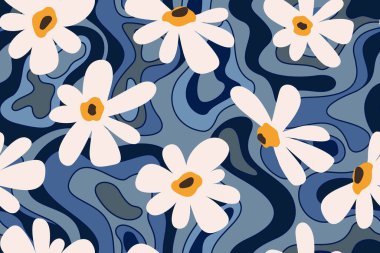 Büyük beyaz açan çiçekler. Dalgalı mavi gri desenli, sıvı lekeli. Yaratıcı bir geçmiş. Dalgalı optik yanılsama çizgileri ve çiçek arkaplanı dekoratif tasarımı.