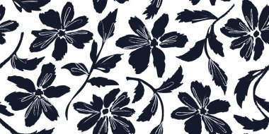 floral pattern. monochrome seamless floral pattern. Background of large flowers and leaves with brush style texture. Vector for cover print, textile, fabric, wallpaper, clothing, web design. clipart