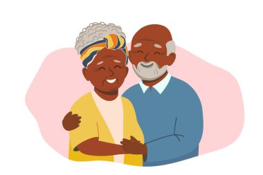 Mutlu Afrikalı Amerikalı yaşlı çift, büyükanne ve büyükbaba. Uluslararası Yaşlılar Günü konsepti. Büyükannenle büyükbaban birlikte. Şirin düz biçimli vektör illüstrasyonu