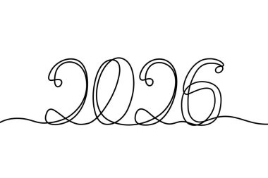 2026 yılı. Takvim. Yeni yıl. Mutlu noeller. - Mutlu yıllar. Linart stilinde tek çizgi çiziyorum. Çizgi çekme. Vektör illüstrasyonu beyaz arkaplanda izole edildi.