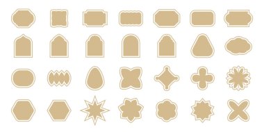 Dekoratif çerçeveler, etiketler, geometrik arka planlar, modern tasarım elemanları, satılık yamalar ve çıkartmalar, davetiye kartları. Zalim soyut biçimler. Beyaz arkaplanda izole edilmiş vektör