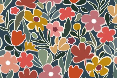 Kusursuz desenli çiçek desenli çıkartmalar. Soyut çiçek ve yapraklar kağıt kesim stili, doğal renkler. Koyu arkaplanda parlak el çizilmiş bahar tasarımı elementleri.