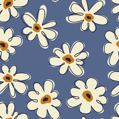 Güzel el yapımı çiçek desenli kusursuz bir arka plan. Basit minimalist koyu arkaplan, boho tarzında büyük açık çiçekler. Tekstil, giysi, kumaş, kapak, pankart için modern çiçek deseni