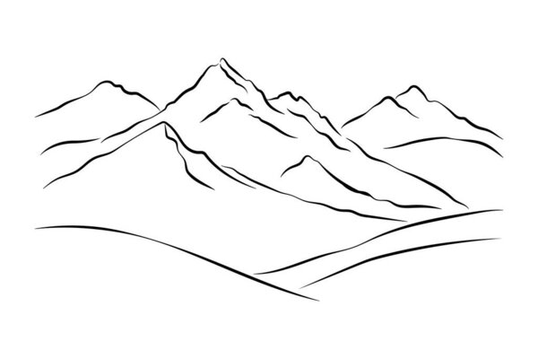 Горный пейзаж. Простые минималистичные линейные силуэты гор. Контур высоких скалистых гор. Векторная иллюстрация изолирована на белом.