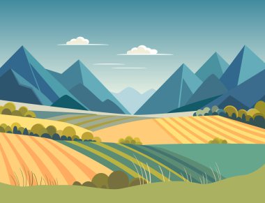 Manzara dağları, tarlalar, çalılar, çimenler. Düz biçimde vektör illüstrasyon simgesi. Yaz-bahar yeşil çayırları, tepeler. Bulutlar ve bitkilerle dolu doğal bir arka plan. Yürüyüş, çiftçilik konsepti