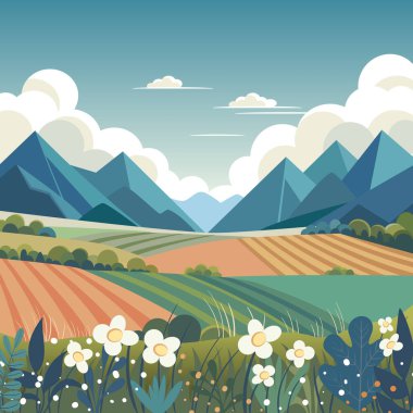 Manzara dağları, tarlalar, çalılar, çiçekler. Vektör simgesi, düz stil. Yaz baharı yeşil çayırlar, tepeler. Bulutlar ve bitkilerle dolu doğal bir arka plan. Yürüyüş konsepti, tarım