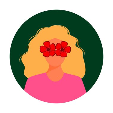 Kadın portresi, yüz ve çiçekler, siluet, avatar ya da bilinmeyen birinin profili. Kadınlar, insanlar. parlak renk vektör çizimi izole edildi