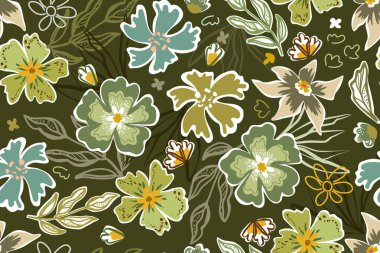 Soyut çiçek ve yaprakların botanik ve kusursuz deseni. Renkler yeşil haki rengi. Parlak çiçek izi..