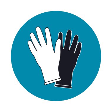 Güvenlik lastik eldivenleri. Bir çift eldiven siyah beyaz siluet. Zorunlu eldiven kullanımı uyarısı. Tıbbi eldivenler, ev işleri için, gıda tesisleri için. vektör illüstrasyonu.