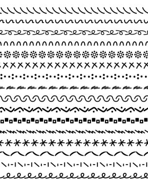 Soyut elementlerden, kusursuz yatay çizgiler. Kusursuz desenler için dekoratif dalgalı zikzak çizgileri. Geometrik dekor ögesi, ayırıcı, ayırıcı ve grafik ögesi. Vektör beyazda izole edildi