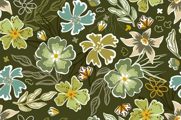 Soyut çiçek ve yaprakların botanik ve kusursuz deseni. Renkler yeşil haki rengi. Parlak çiçek izi..