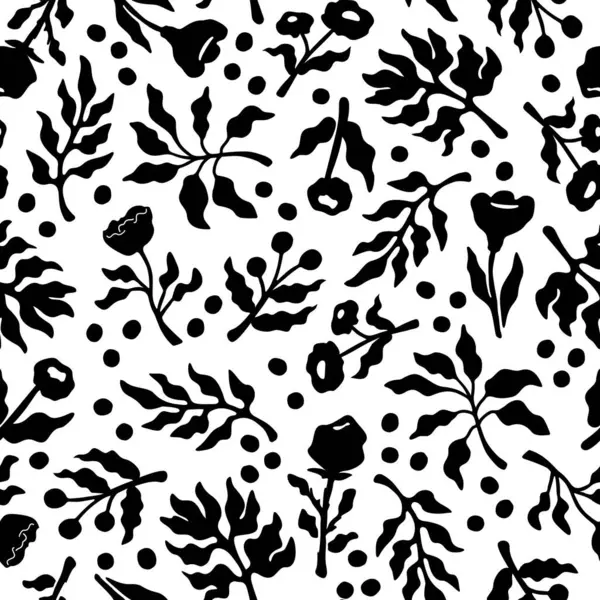 Bitki ve çiçek çizimlerinin kusursuz deseni. Beyaz arka planda siyah siluetler. Kumaş, afişler, kartlar, şablonlar, kapaklar için yazdır.