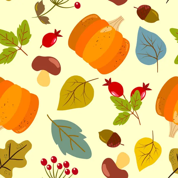 Sonbahar setiyle kusursuz desen - meşe yaprağı, meşe palamudu, viburnum üzümü, kırmızı gül kalçası, sarı yapraklar, turuncu balkabağı, mantar. Duvar kağıdı, sonbahar tebrik kartları, hediye kağıdı, web sayfası arka planı