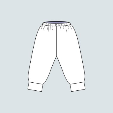 Bebek için pantolon. Pantolonun yumuşak elastik bant ve kelepçeleri var. Ön manzara. Siyah beyaz model tasviri Vektör modeli, parmak izi ya da kumaş deseninizi yerleştirmek için.