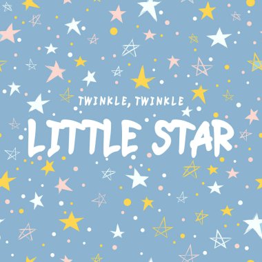 Yıldızlı kusursuz desen. Parılda, parılda, küçük yıldız mesajı. Yumuşak mavi üzerine yıldız çizgileri ve desenli arka plan. Vektör karalama tasarım elementleri