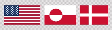 Birleşik Devletler bayrakları, Grönland, Danimarka. Şeffaf arkaplanda vektör illüstrasyonu