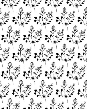 Kusursuz desenli küçük çayır otları ve çiçekler. Tek renkli siyah beyaz bitkilerin karalama çizimleri. Bahar-yaz, neşeli, nazik romantik baskı. Beyaz arkaplanda izole edilmiş vektör illüstrasyonu