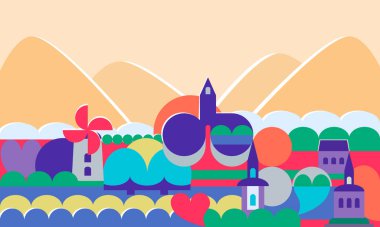 travel destination, city  vector illustration design. Flat cartoon fairytale fantasy city. For banner, cards, web, sites, design of computer games.