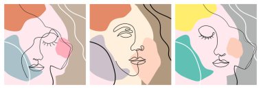 Kadın silueti sürekli çizgi sanatı. Pastel geometrik şekillerin soyut modern kolajını modern moda tarzında ayarla. Tişört, kartpostal, poster baskısı