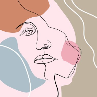 Kadın yüzü. Devamlı sanat kadın portresi. Modern moda tarzında soyut modern Pastel geometrik şekiller kolajı. Tişört, kartpostal, poster baskısı
