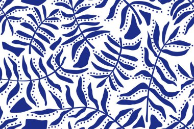 El yapımı yapraklar ve dallar, daireler ve rastgele geometrik şekiller, pürüzsüz desenler. Tropik soyut bitkiler, botanik arka plan. Yaz tasarım modeli. Beyaz üzerine mavi mürekkeple illüstrasyon