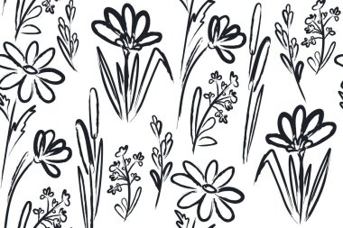 Kusursuz desenli soyut çiçek kompozisyonu. El yapımı çiçekler ve bitkilerden oluşan buketler. Siyah fırça darbeleriyle çiçek çizimi. Modern botanik çizimlerinin minimalist kolajı