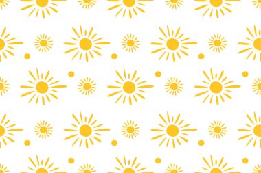 Kusursuz güneşli desen. Güneş arka planı. San Doodle el çizimi. Çocuk çizimi. beyaz arkaplanda çizgi sarı vektör ögeleri