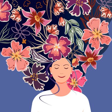 Uzun saçlı, çiçekli bir geçmişi olan rüya gören genç bir kadın. Akıl sağlığı merkezli bir kadın. Neşe, sakinlik, mutluluk kavramı. Düz vektör illüstrasyonu.