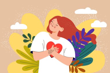 Elleri yüreğinde olan tatlı bir kız. Kendini sevme kavramı. Mutlu sakin genç kadın, mutluluk, ahenk, olumlu duygular hissediyor. Renkli düz vektör çizimi
