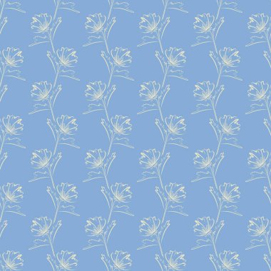 Çiçeksel soyutlamanın çizimi, kusursuz desen. Mavi arka planda hafif fırçayla çizilmiş. Basit çiçek çizimi, dikey tasarım. İlkbahar botanik baskısı. Vektör illüstrasyonu.