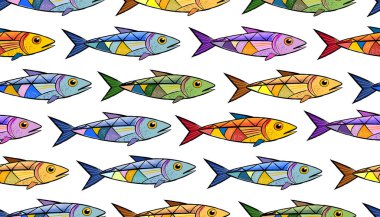 Sardalyalar. Renkli suluboya püskül tarzı. Şeffaf arka planda kusursuz desenli balık. Soyut geometrik balık şekilleri. Okyanus balık okulunun doğrusal hareketi. Suluboya vuruşlar, sıçramalar