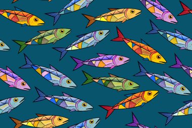 Örneksiz balıklar. Vitraylı sardalyalar. Balık soyut geometrik şekilleri. Hareket okulu okyanus balığı. Parlak tonlar, suluboya vuruşlar, açık siyah çizgiler. Mavi arkaplan