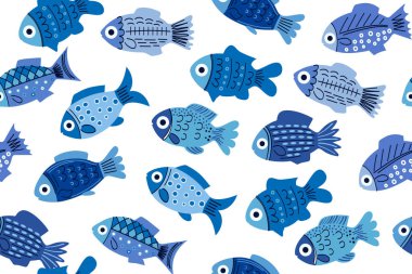 Keskin desenli mavi balıklar. Okyanus balıklarının kaotik hareketi. Beyaz arka planda İskandinav tasarımı. Çocuk vektör illüstrasyonu. Tekstil aletleri, çocuk kırtasiyesi, duvar kağıdı..