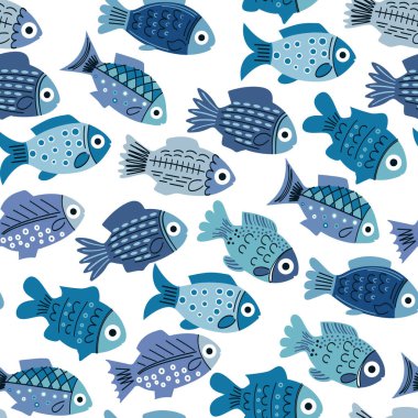 İskandinav tarzında şirin balıklarla kusursuz bir desen. Mavinin farklı tonlarında balık ikonları. Okyanus balığı sürüsüyle çocuk geçmişi. Beyaz arkaplanda vektör illüstrasyonu.