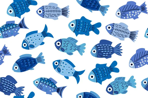 Keskin desenli mavi balıklar. Okyanus balıklarının kaotik hareketi. Beyaz arka planda İskandinav tasarımı. Çocuk vektör illüstrasyonu. Tekstil aletleri, çocuk kırtasiyesi, duvar kağıdı..