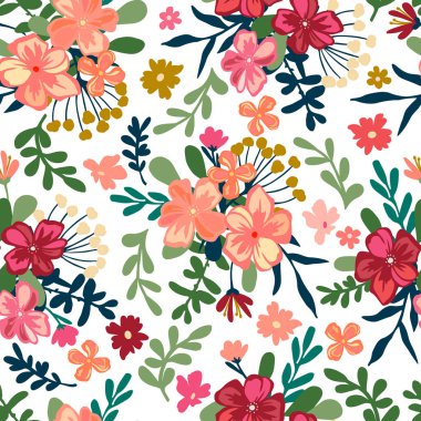 Çiçek, yaprak ve bitki çizimleriyle botanik kusursuz desen. Beyaz arka planda el çizimi vektör çizimi. Kumaş, duvar kağıdı, yatak, çocuk giysisi, hediye kağıdı