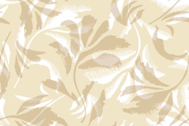 Kum zemininde bej ve beyaz tonlarda çiçekler. Kusursuz botanik desen, farklı çiçeklerin ve dalların tek renkli modern kolajı. Hassas vektör illüstrasyonu