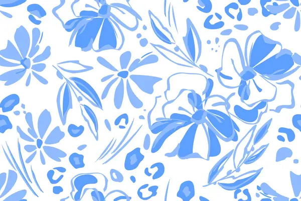 Botanik arka plan soyut tek renkli mavi çiçekler, yapraklar, leopar derisi lekeleri. Şeffaf arka planda kusursuz bir el yapımı çiçek tasarımı. Duvar kağıdı, kapak, tekstil, kağıt üzerindeki vektör baskısı
