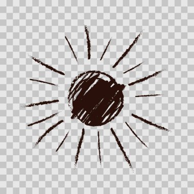 Monochrome doodle drawing of the sun isolated on a transparent background. Vector icon of the sun drawn by hand with pencil, chalk, and charcoal.