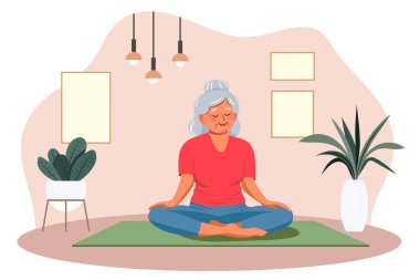 Elderly woman doing yoga at home, meditating on mat, exercising, fitness. Vector illustration for active lifestyle of seniors, activities after retirement.