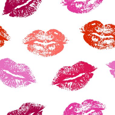 Seamless pattern with abstract lips kiss marks, female lips, lipstick. Red and pink lips icons and symbol. Cosmetic beauty background. Vector illustration on white background.